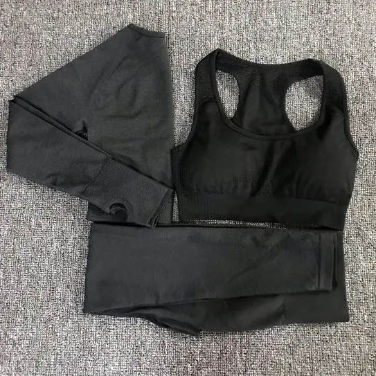 Black Комплект из 3 предметов для йоги, Vital, бесшовные леггинсы, спортивный бюстгальтер+ укороченный топ с длинным рукавом+ женские леггинсы для бега, спортзала, с высокой талией, спортивный костюм для фитнеса - Цвет: Black