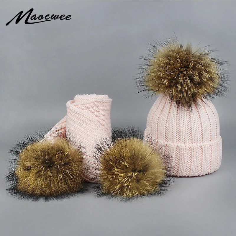 

Women Children Winter Pom Pom Hats Beanie Warm Knitted Bobble Fur Fur Pompom Hat Scarf Set Kids' Nature Raccoon Fur Pompon Hat