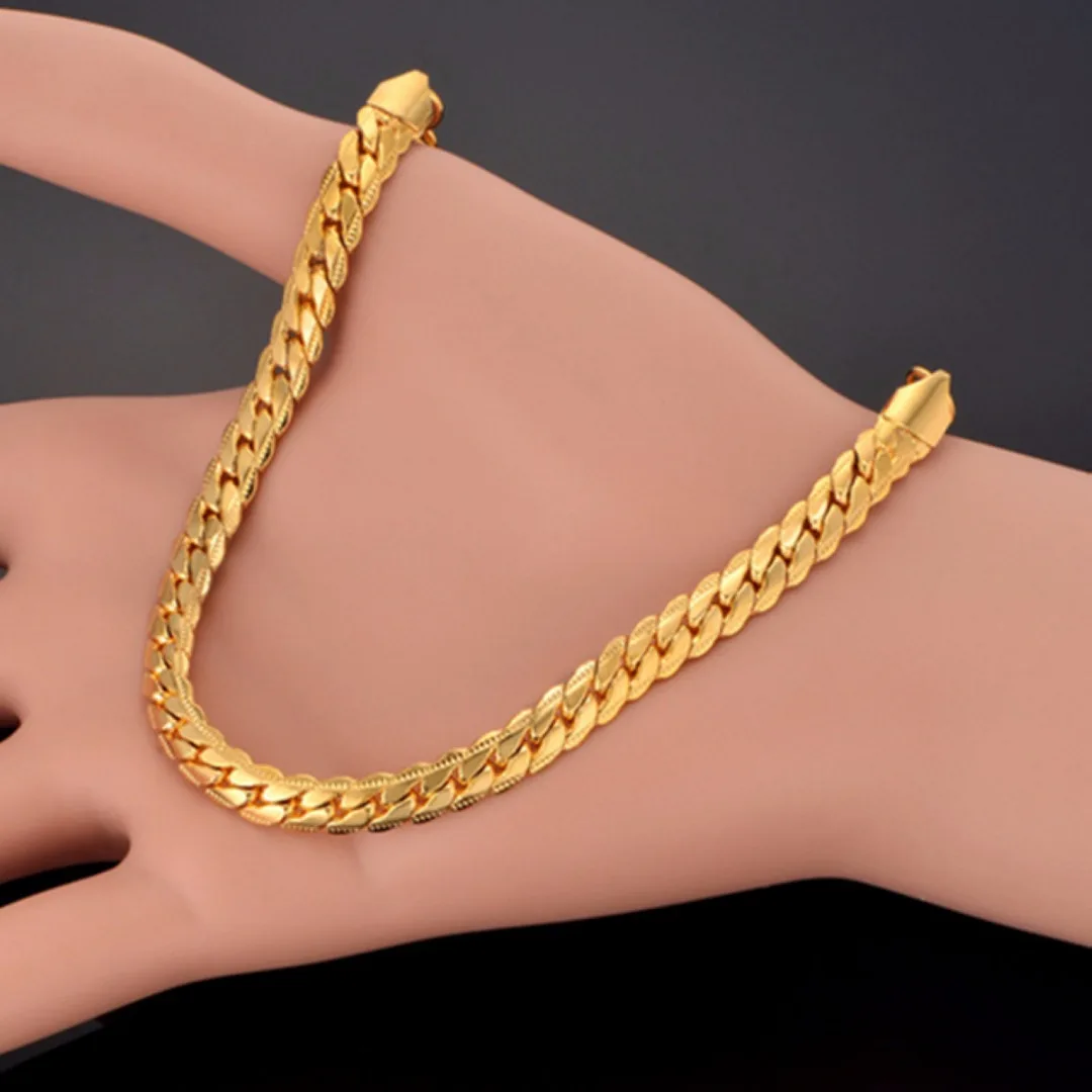 Men Flat Snake Bone 18K Gold Plated Curb Chain Fashion Bangle Bracelet