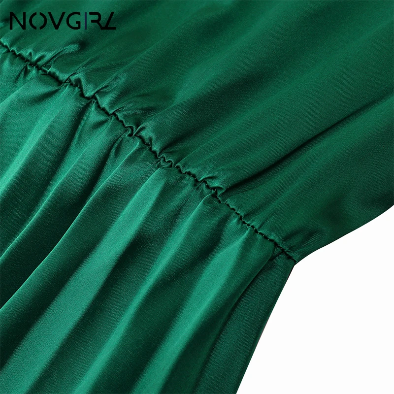 Novgirl/элегантное облегающее и расклешенное Плиссированное сатиновое платье для женщин; коллекция года; сезон лето-осень; повседневное зеленое женское платье с открытыми плечами и длинными рукавами