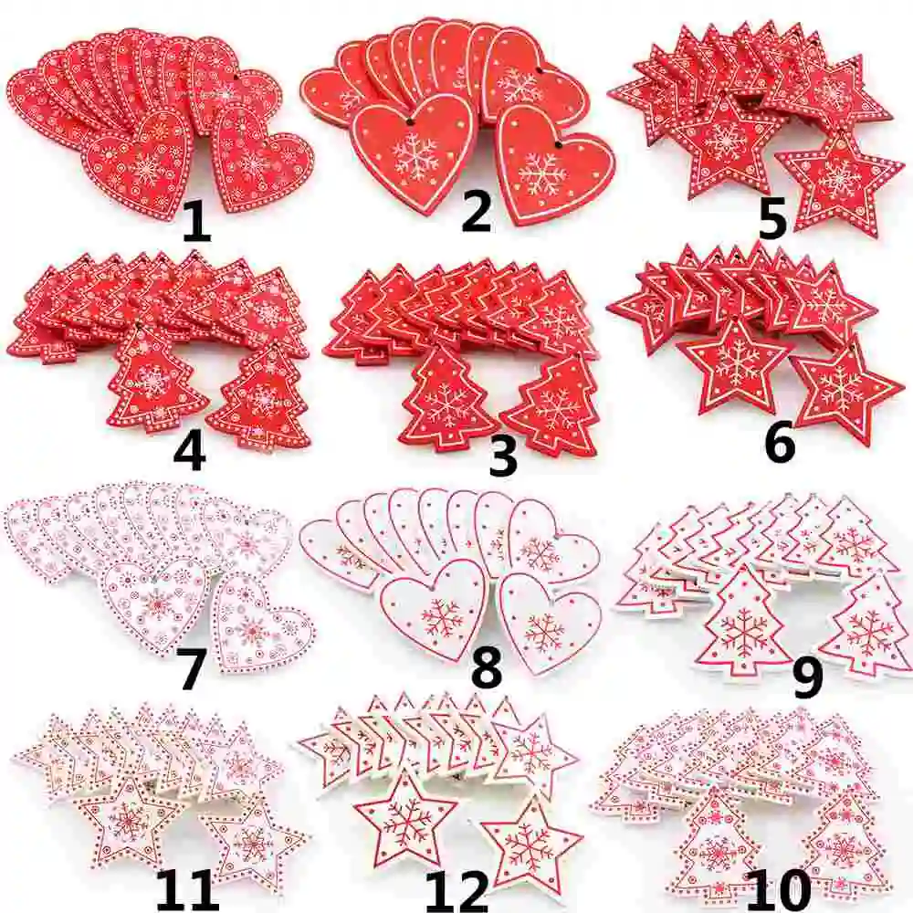 20 шт. красный и белый смешанные Рождественская елка Сердце Звезда деревянный чип для ручная работа, сделай сам, ремесло, декоративные с одним отверстием деревянные чипсы