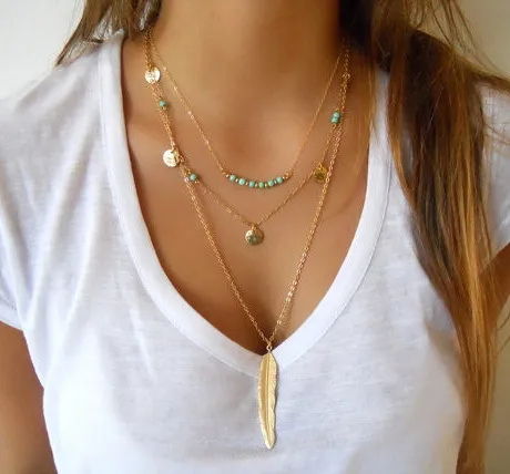 Hot Moda Złoty Kolor Wielowarstwowe Moneta Frędzle Lasso Bar Naszyjniki Koraliki Choker Feather Wisiorki Naszyjniki Dla Kobiet Bijoux