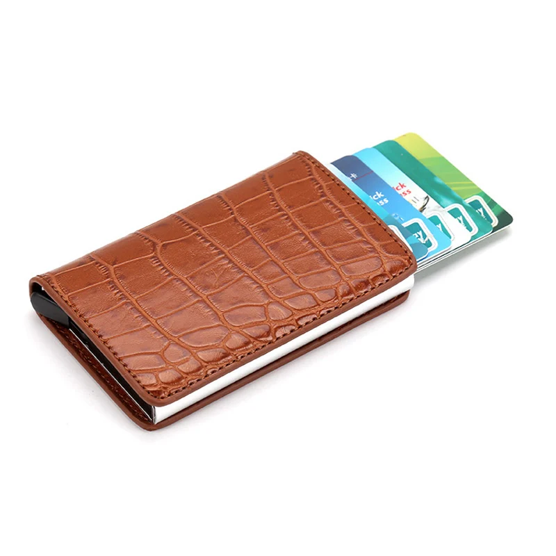 Автоматически всплывающий мужской кожаный кредитный держатель для Карт RFID блокирующий металлический алюминиевый чехол для ID карты мини-Органайзер Кошелек - Цвет: Crocodile brown