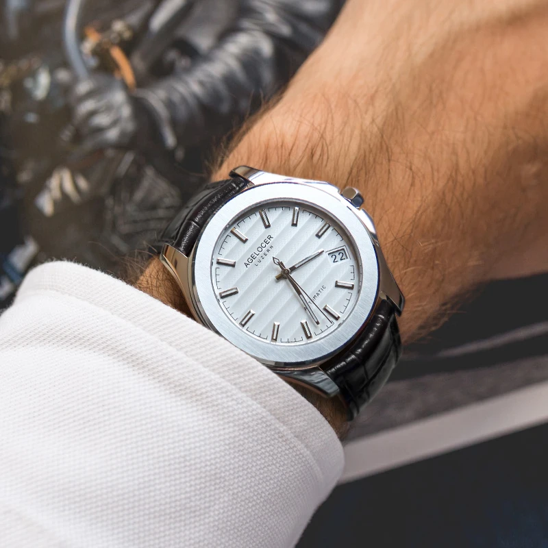 سويسرا الرجال التلقائي ساعات آلية السويسري AGELOCER الفضة الفولاذ المقاوم للصدأ اللباس أزياء رجالي الذكور ساعة معصم ساعة