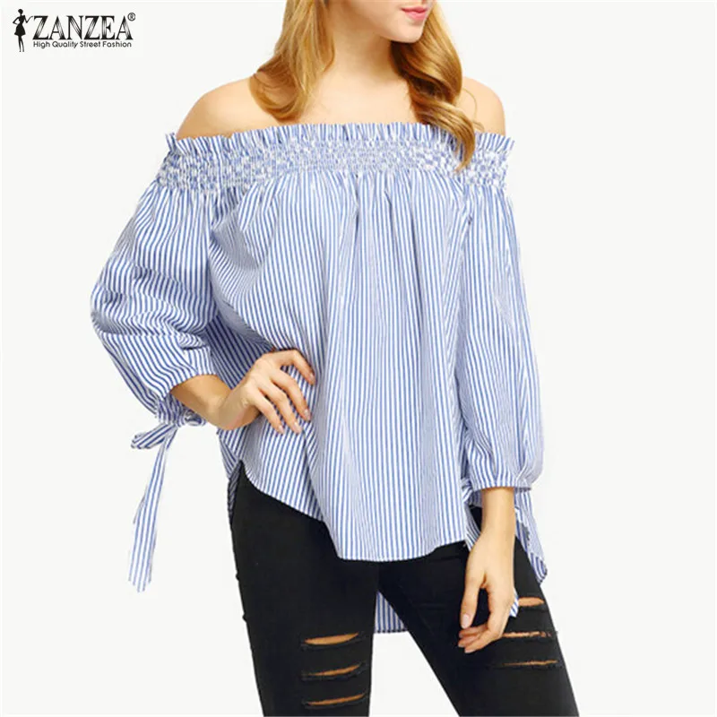 

ZANZEA Womens Summer Blouses 2019 Spring Sexy Off Shoulder TopsSlash Neck Striped Bow Casual Blusa Plus Size Party Shirt Vestido