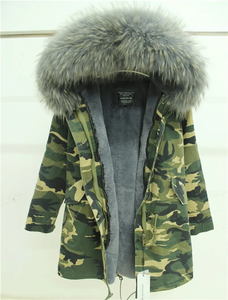 Мех Любовь Женщины Зима Camo Parka большой енота меховым воротником куртка с капюшоном Верхняя одежда 2 в 1 съемная подкладка зимняя куртка фирменный стиль