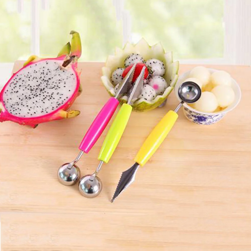 

1pc Creative 2 in 1 Fruit Dig Ball Scoop Spoon Carving Ice Cream Fruit Melon Baller Tool Durable