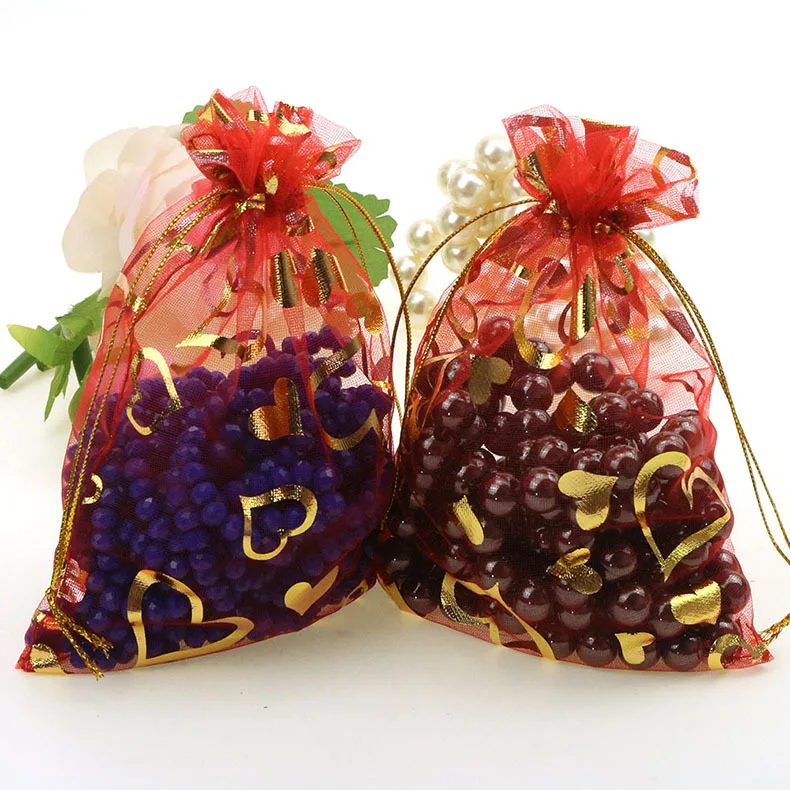 FANLUS 4.36.3 inch Gift Bags Heart Blue Sheer Organza Jewelry Pouches Wedding Party Favor Gift Bags  Drawstring Pouches   (12)