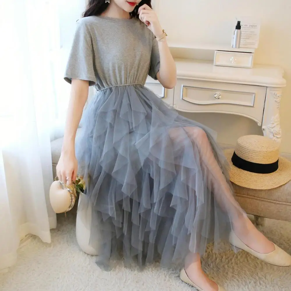 

Summer Style Drees 2019 Women's Fashion Splicing Irregular Gauze Mesh Dress Solid Color Women Short Sleeve Long Tunic Dresses