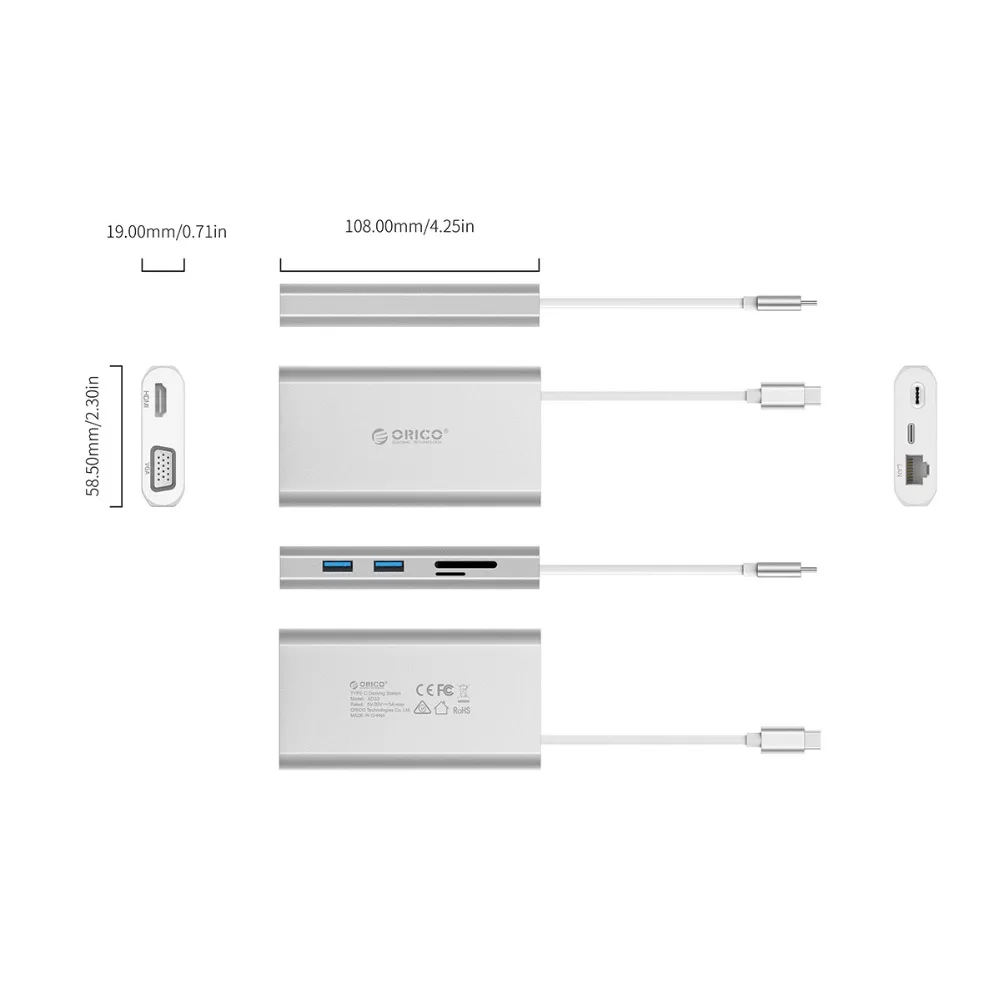 ORICO USB C 3,1 концентратор для HDMI RJ45 VGA USB 3,0 3,1 устройство для чтения карт SD TF 8 в 1 usb-хаб для MacBook samsung Galaxy S9 huawei mate 20