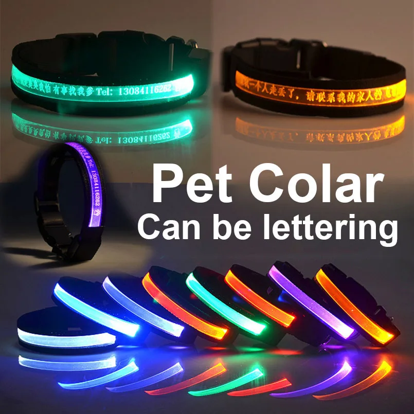 

Pet LED Collar Night Safety Glow Flashing Dog Cat Collars Lettering Service Name Tel Necklace Collar Luminous Pet Products