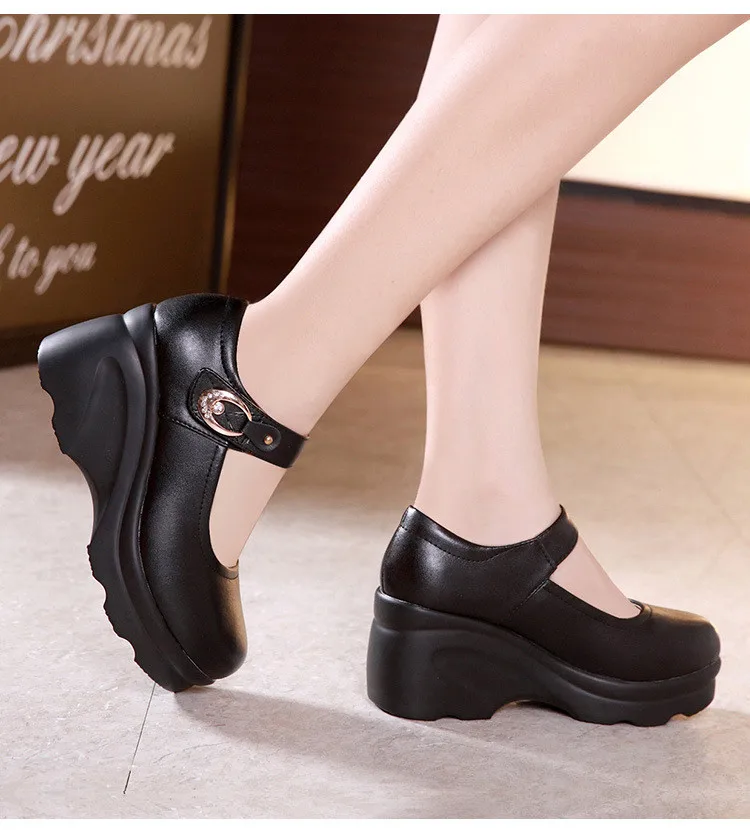 Split Leather Womans Shoes Creepers Platform Pumps Spring Autumn High Heels Wedges Shoes for Women Black Work Shoe