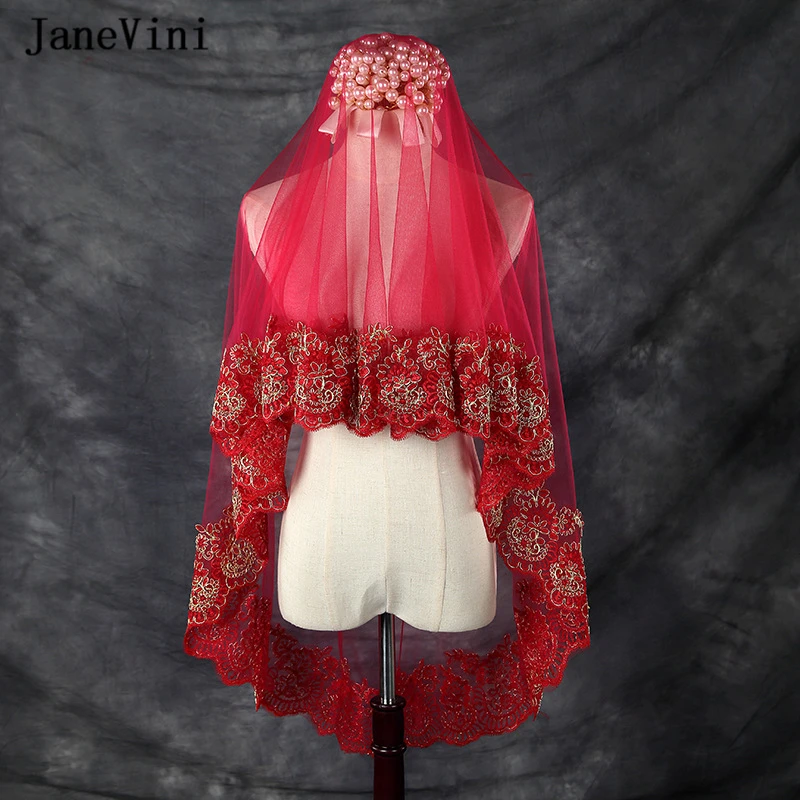 

JaneVini One Layer Short Wedding Veil White Sequins Lace Applique Edge Ivory Bridal Veil with Comb Elbow Length Veil Accessories