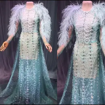 

Sparkly Rhinestones Feather long Dress Sexy Nightclub Full Stones Long Big Tail Dress Costume Prom Birthday Celebrate Dresses