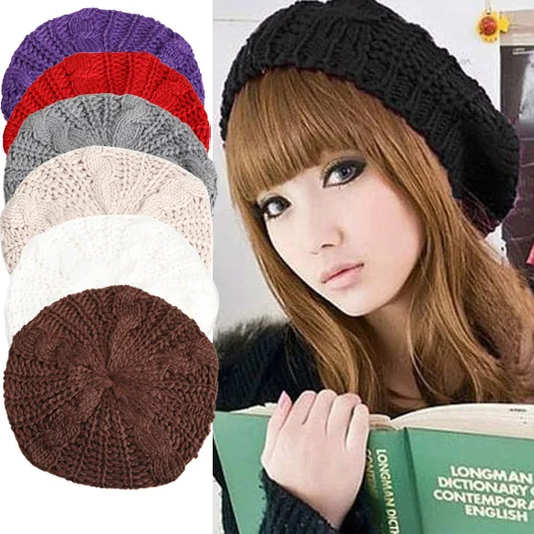 Warm Winter Women Knitted Beret Baggy Fashion Casual Beanie Hat Solid Color Multicolor Ski Cap Red Women Beret