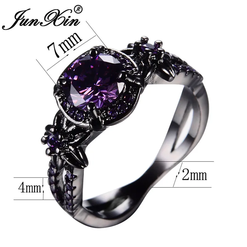 JUNXIN Charm Female Wedding Ring With Purple Zircon Black Gold Filled Vintage Round Feb Birthstone Star Flower Engagement Ring