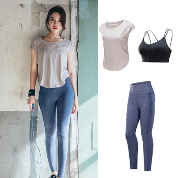 

2019 Summer Korean Yoga Wear Set Quick-drying Sports Tops Women's Color Matching Tight Yoga Pants Three-piece Fitness Wear