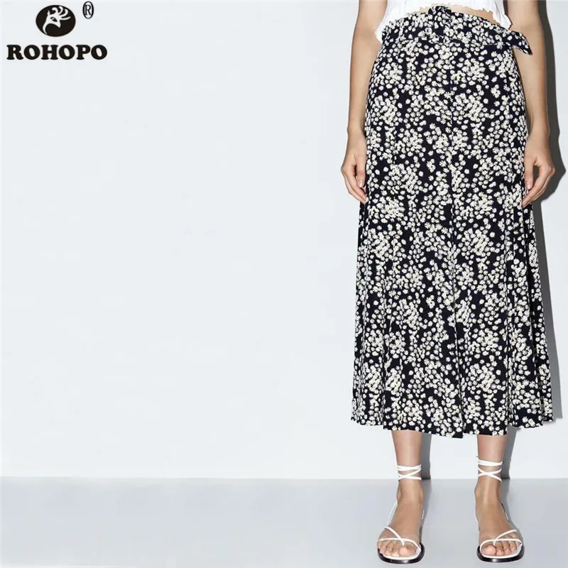 

ROHOPO Women Printed Pleated Midi Skirt Ladies Vintage Multiways Half-Calf Floral Skirts Autumn Girl Flare Hem Bottom #BM2144