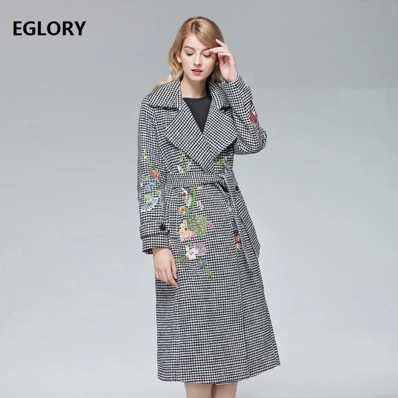 Высокое качество, новинка, английский стиль, длинное шерстяное пальто, зима, женское, винтажное, с вышивкой, в клетку, шерсть и смесь, верхняя одежда, пальто, серый, кофейный - Цвет: gray