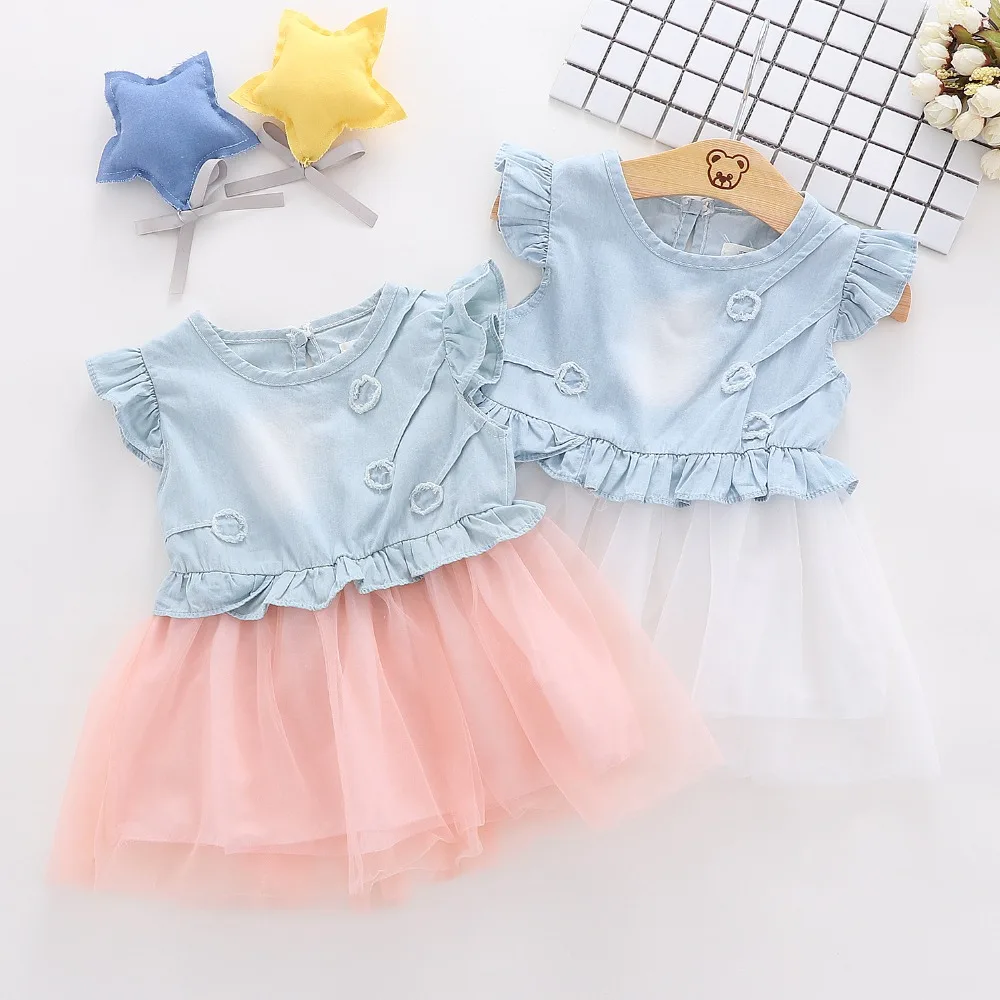 

2019 Summer Baby Girls Short Sleeve O Neck Denim Jeans Patchwork Mesh Ball Gown Princess Party Kids Dress vestido infantil