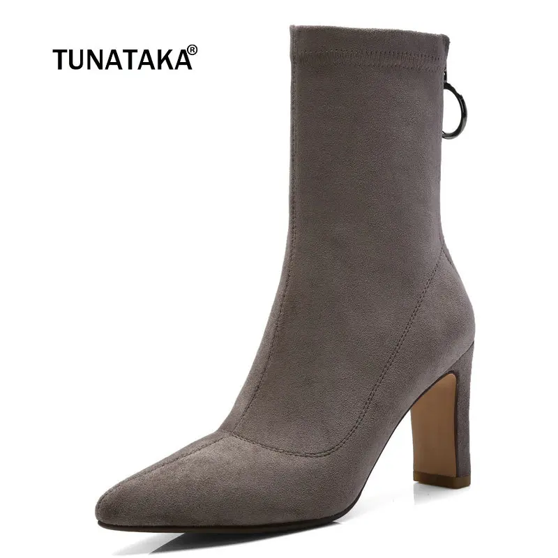 

Women Suede Square Heel Ankle Boots Fashion Zipper Bootie Female Pointed Toe Fall Winter Shoes Black Gray Khaki