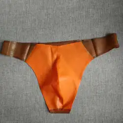 Мужские экзотические трусики сексуальные латексные t-образные резиновые стринги оранжевого цвета с прозрачным коричневым