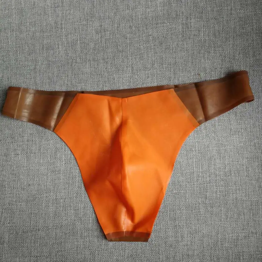 

Men's Exotic knickers Sexy Latex T back Rubber G-string Orange With Transparent Brown