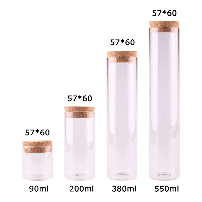 

4pcs Dia 57mm 90ml/220ml/380ml/550ml Transparent Glass Test Tube Terrarium with Cork Stopper Spice Storage Bottle Container