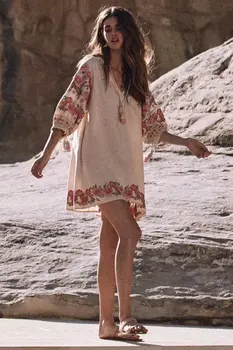 

2018 Women's Fashion Loose Boho Dress Lantern Sleeve Floral Embroidery Dress Cotton and Linen Autumn Short Dress Chic Vestidos