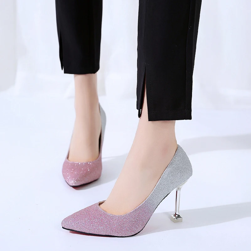 Women High Heels Shoes Flash Leather Crystal Heel Gradient Office Lady Pointed Toe Shoes Spring