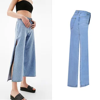 

Fashion Sexy Solid Side Split Wide Leg Jeans Women High Waist Pockets Denim Pants Casual Pants Ladies Loose Jeans