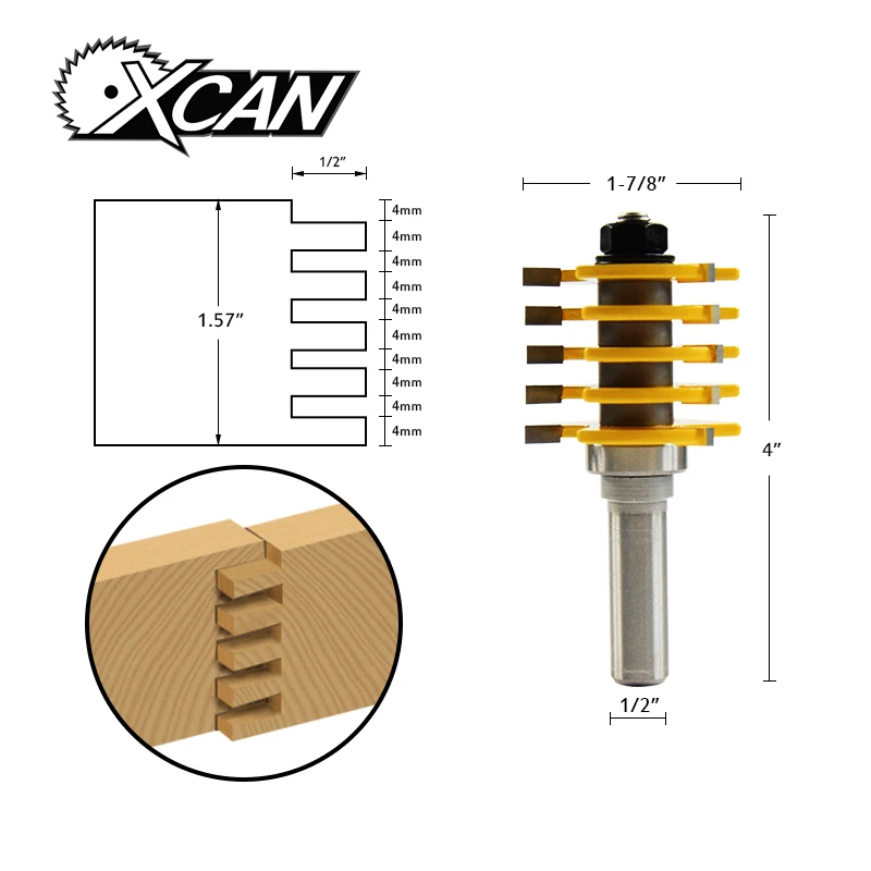 XCAN 1 Piece Box Joint Router Bit 3 Flute Adjustable 5 Blade Shank