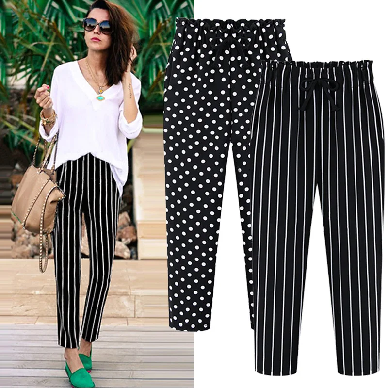 

Casual Women Trousers 2019 Summer Ankle-Length Drawstring High Waist Dot Striped Chiffon Harem Pants Female L-5XL Plus Size