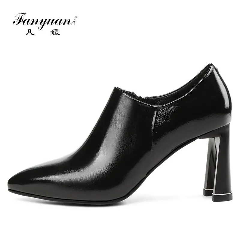 

Fanyuan Genuine Leather Office Ladies Shoes High Heels Side Zip Pointed toe Women Pumps High Quality Autumn Footwear Female Shoe