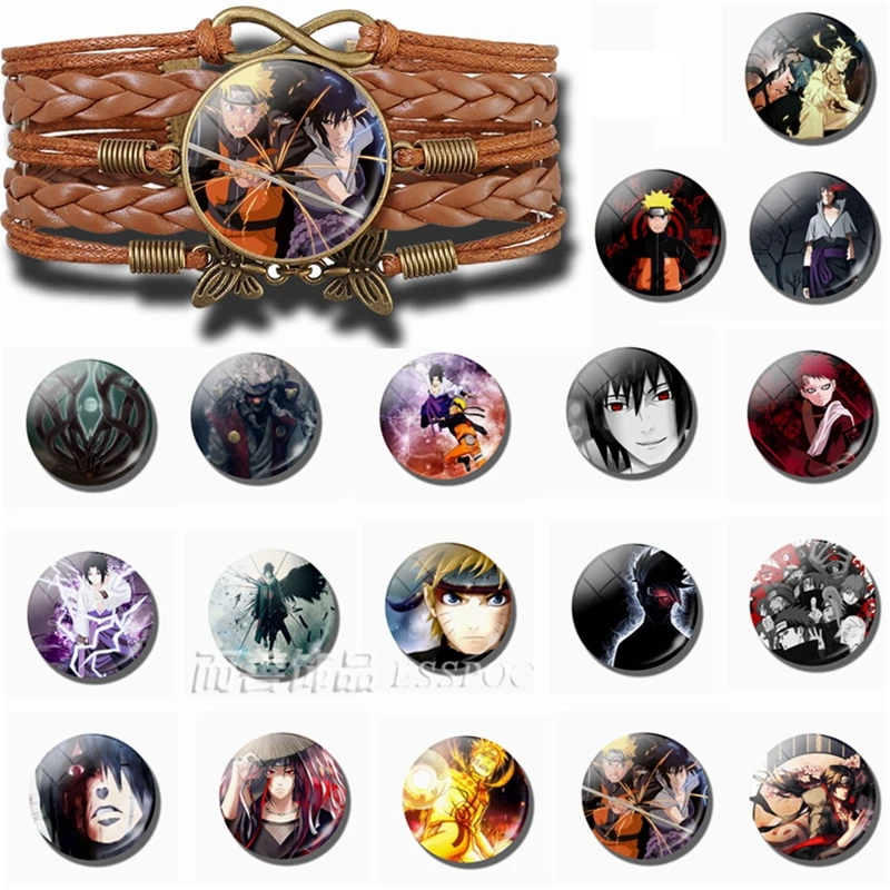 

Naruto Shippuden Anime Bronze Leather Woven Bracelet Uzumaki Naruto Uchiha Sasuke Jewelry Glass Dome Cabochon Fashion Gift