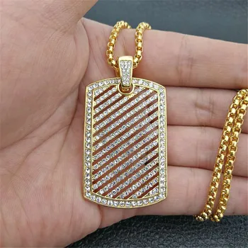 

Square Necklaces & Pendants For Men/Women Gold Color Stainless Steel Dog Tag Necklaces Iced Out Bling Rhinestones Jewelry