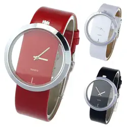 PU кожаный ремешок прозрачный циферблат полые Аналоговые Кварцевые женские наручные часы в красном, черном, белом horloges vrouwen часы женские
