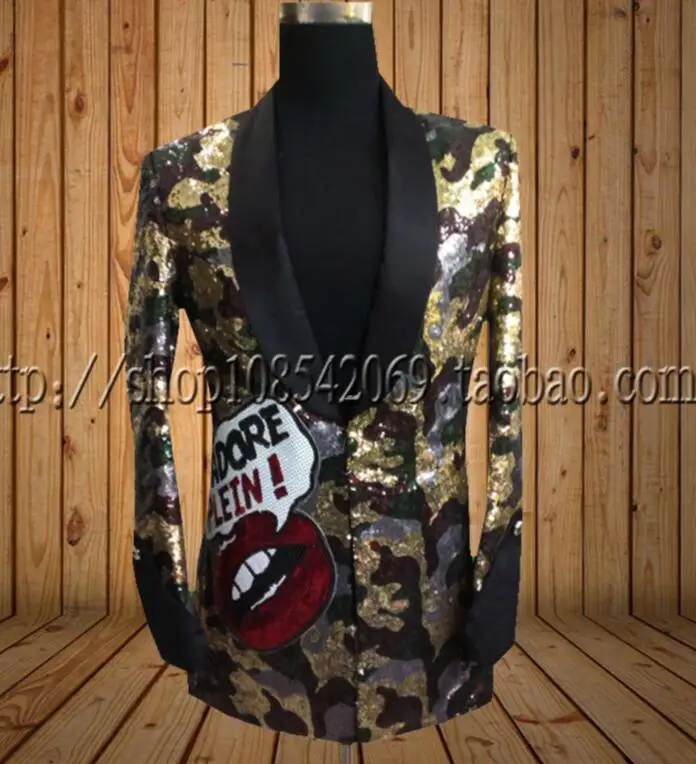 

S-XXXL New men's long camouflage sequins costumes Show sequins men's singers club stage suits plus size