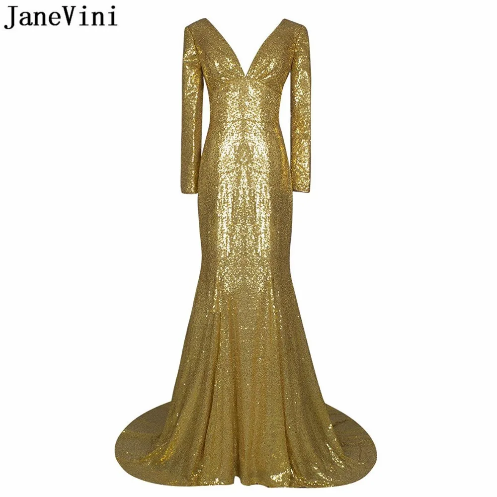 JaneVini блестками арабский золото платья подружек невесты Sexy Глубокий V средства ухода за кожей шеи одежда с длинным рукавом спинки