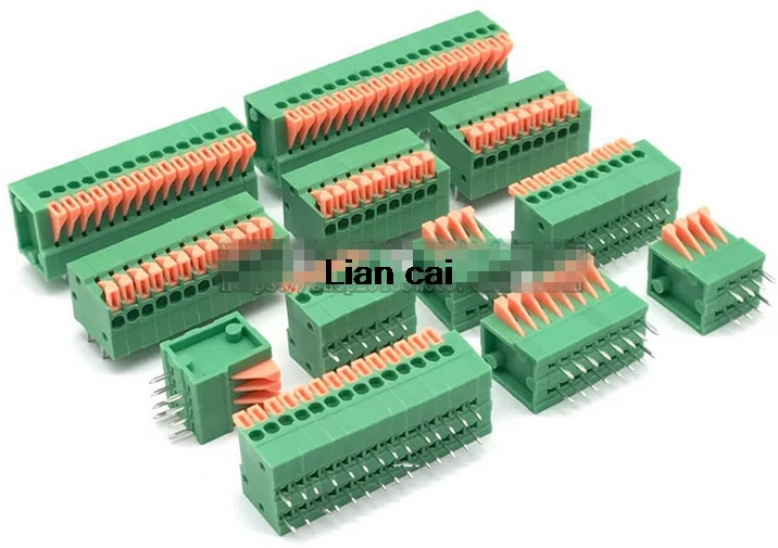 

50PCS 2.54mm Pitch Spring Terminal Blocks Connector 2/3/4/5/10-20P KF141R Right Angle Green RoHS PCB Mounted