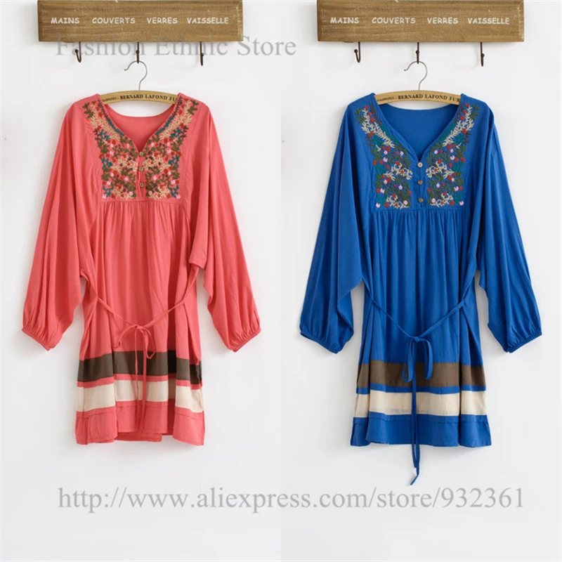 

Vintage bohemian Floral Embroidery Women Dress Long Sleeve Mini Dresses Plus Size Women clothing Blouse Tops Vestidos