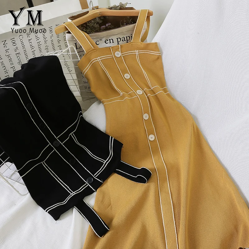 

YuooMuoo Elegant Buttons Bodycon Dress Good Summer Women Tank Dress 2019 Slim Long Knitted Dress Black Yellow Ladies Dresses