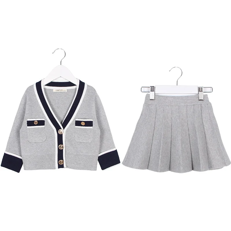 Осенний комплект одежды для девочек, зимний Серый кардиган с юбкой комплект из 2 предметов, Детская верхняя одежда милые комплекты одежды для маленьких девочек, комплект со свитером