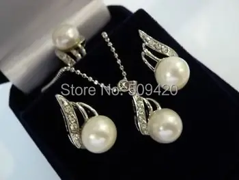 

Free Shipping>White Akoya Pearl Necklace+Ring+earrings Set AAA Grade