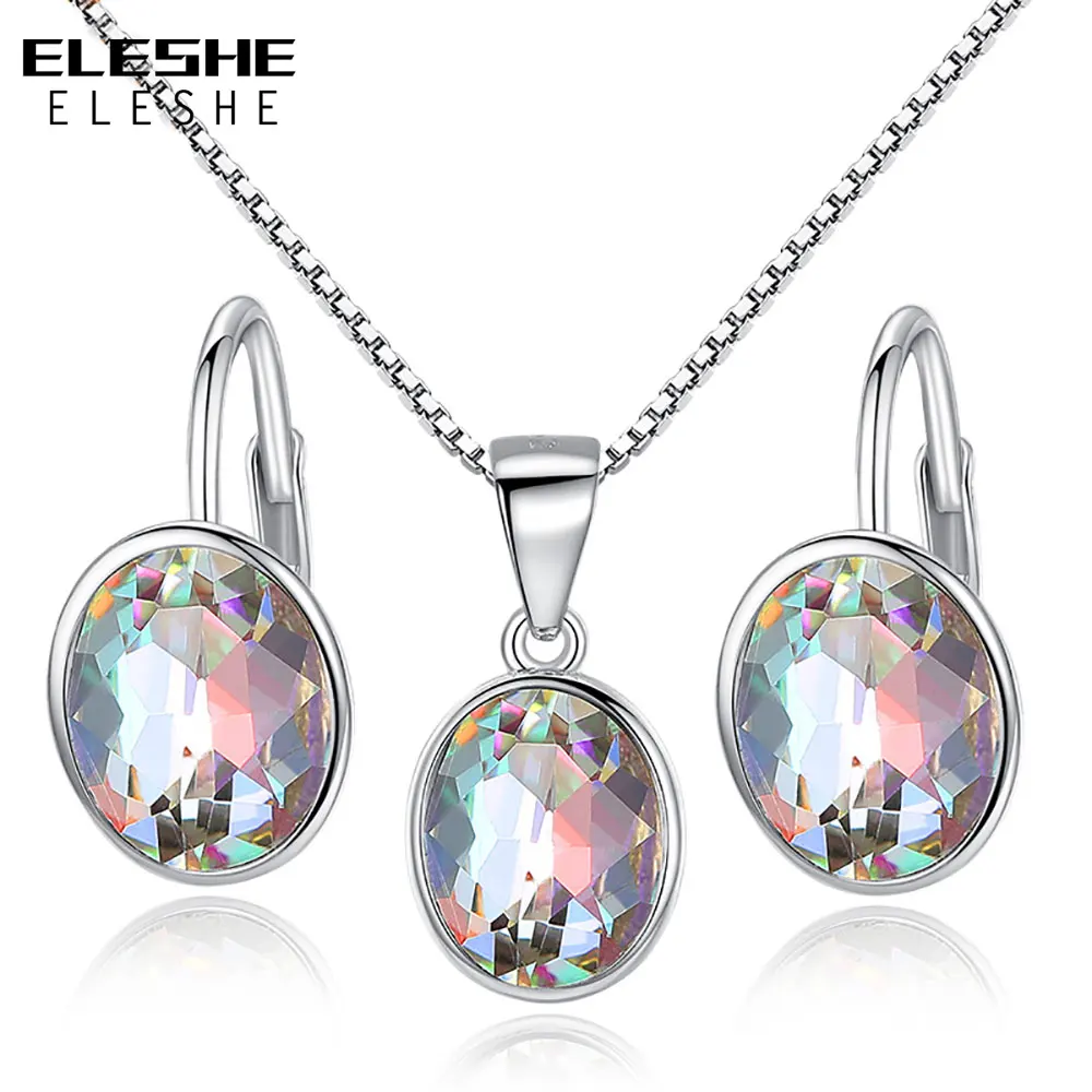 

ELESHE Cubic Zirconia Wedding Bridal Jewelry Sets 925 Sterling Silver Round Pendant Necklace and Earrings Costume Women Set
