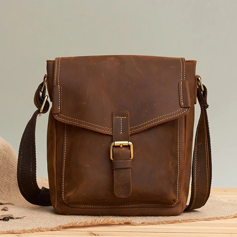

Crazy Horse Cowhide Men Crossbody Vintage Bag High Quality Genuine Leather Multi-Capacity Purse Single Shoulder Messenger Bag