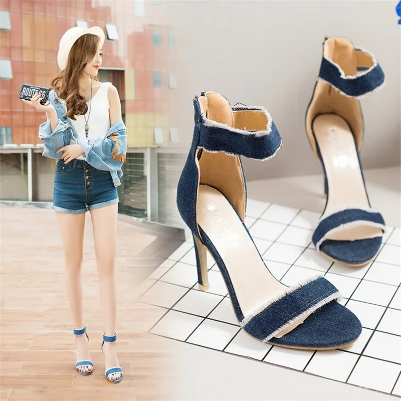 

2019 Summer New 10cm Fine with High-heeled Word buckle Bare denim Small fresh Sandals Shoes Women's ultra high heel sandals x26