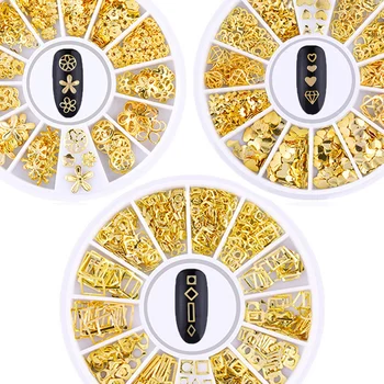 

12 Patterns/Wheel 3D Nail Decoration Hollow Metal Studs Gold Rose Plated Mixed shape Manicure Nail Art Decorations Body Art tips