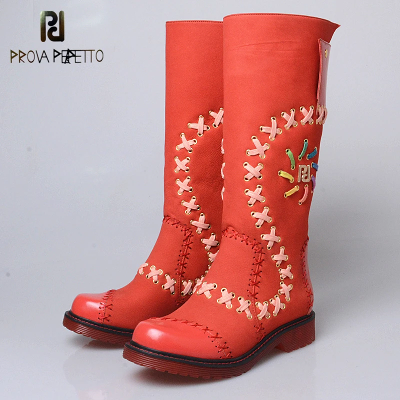 

Prova Perfetto 2018 New Arrival Long Mixed Color Boots For Women Zip Cross Riband Red Cow Leather Boots Low Heels Casual Shoes