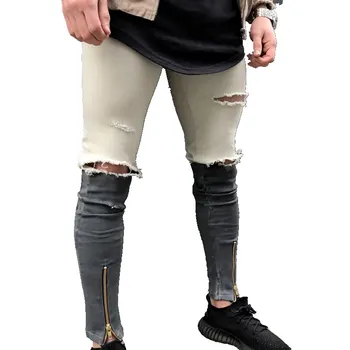 

Men Skinny Runway Straight Zipper Denim Pants Destroyed Ripped Jeans